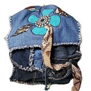 VTG NEW Backpack Denim Patchwork Upcycle Festival Beach College Boho‎ Tote Purse